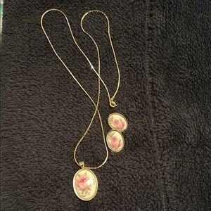 Rose Pendant Necklace and Earring Set